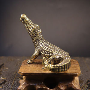 (Ce14)Antique Bronze Crocodile Miniature Figurine Vintage Brass Mini Alligator Statue Desk Ornament Home Feng Shui Decor Craft