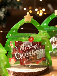 5pcs Christmas Gift Bag Candy Chocolate Cookie Nougat Biscuit Packing Seal Bags Reusable Xmas Tree Gift Bags
