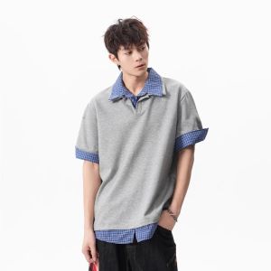 BWKA | American Two-Tone Plaid Polo Casual Five-Eighth Sleeves T-Shirt