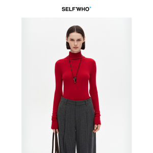 Goat Cashmere Blend Red Seamless High-Neck Slim Fit Sweater