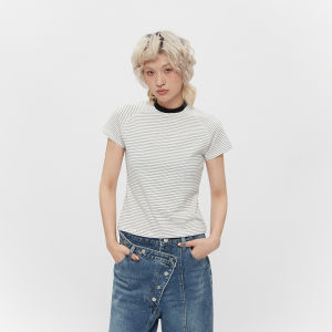 Airhood 2025 Womens Short Sleeve T-Shirt Slim Fit Classic Stripes Summer Fashion Casual round Neck Top for Young Ladies