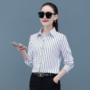เสื้อเชิ้ตผู้หญิงแขนยาวลายทาง ทรงเข้ารูป เสื้อเชิ้ตผ้าชีฟอง สำหรับใส่ไปทำงาน ฤดูใบไม้ผลิและฤดูใบไม้ร่วง แฟชั่นลำลอง