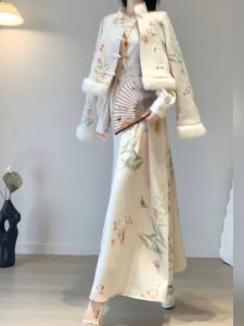 Plus Size New Chinese Style Improved Cheongsam Print Dress Womens Autumn Winter Retro Chic Chinese Knot Button Coat Two-piece Set