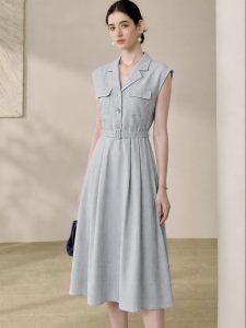 Roey s house | Professional Breathable Sleeveless Linen Dress with Belt Large Skirt