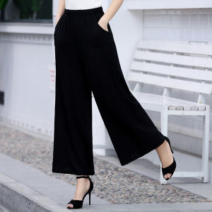 Summer Cotton Silk Floral Wide Leg Pants Nine Points High Waist Loose Fit Casual Outerwear for Middle-Aged Women Mom Style