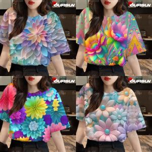 Women's Round Neck T-shirt 3D Colorful Flower Pattern Women's Tops Oversized Suitable for Slightly Fat Women 2025 Fashion Trends