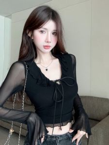 Spicy Girl Short V-neck Hanging Neck Lace Trim Top Korean Style Commute Long Sleeve Pear Shape Autumn Single Piece Chinese Made