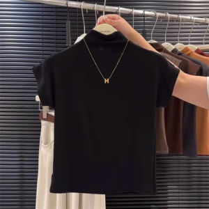 Slim Fit Short Sleeve Half High Collar T-Shirt Womens Spring Summer New Style Base Layer Shirt Straight Shoulder Top Ins
