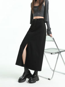 High Waist Mid-Length A-Line Mini Skirt Black Denim Split Slimming Womens Fashion Spring Summer Autumn High-End Vintage Style