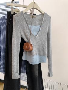 YIFENGXIN | Áo Thun Len Tay Dài V-Neck Giả Hai Mảnh Màu Xám