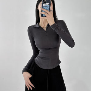 Slim Fit Long Sleeve V-Neck T-Shirt Womens Base Shirt Inner Wear Casual Cotton Polyester Blend Short Length Sweet And Spicy Style