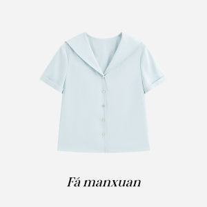 FAMANXUAN | Petite-Friendly Summer Navy Collar Hem Trim Blouse