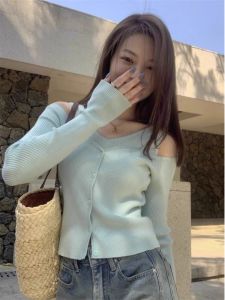 Áo Len Dệt Kim Màu Xanh Lá Cây Ôm Vừa Vặn Cho Nữ Mùa Xuân 2025 Phong Cách Mới Cổ Chữ V Tay Dài Thường Ngày