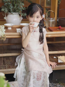 New Summer Childrens Hanfu Dress Little Girl Qianziwen Cheongsam Cute Traditional Chinese Style Girls Clothing Kids Flag Robe