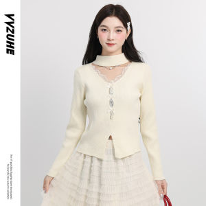 Áo Len Dệt Kim Cổ Treo Thắt Nút Bướm Kiểu Pháp Ngọt Ngào Cay Nồng Áo Len Cổ Chữ V Ren Ôm Vừa Vặn Cho Nữ Mùa Thu