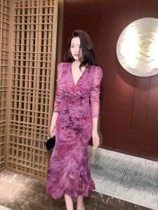 ZYHT Đầm Phong cách Nước pháp cổ chữ v Chic Stretch Velvet Weaving Pleated Maxi thanh lịch đầm đuôi cá 30570