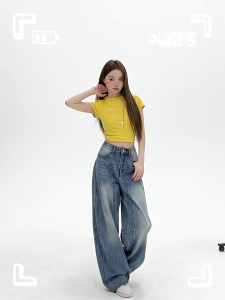 GHAOHES กางเกงยีนส์สไตล์อเมริกันย้อนยุค เอวสูง กางเกงสไตล์เกาหลีทรงหลวมS-3XL JAZZ #V123