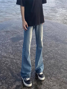 กางเกงยีนส์ทรงหลวมเอวกลางสำหรับผู้ชาย สไตล์สตรีทอเมริกัน กางเกงขายาวทรงตรง ทรงหลวม ทรงกระบอกเล็ก สีฟ้าอ่อน ทรงเข้ารูปสำหรับผู้ชาย