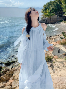 Summer Beach Vacation Dress Womens Sweet Gentle French Style Beautiful Shoulder Bared Beach Skirt A-Line Midi Dress Pure Color
