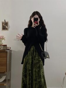 plus Size Bamboo Pattern Velvet Skirt Set New Chinese Style Asymmetrical Top And Elastic Waist Skirt Fashionable Womens Outfit