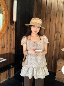 Designer Two-Piece Illusion Polka Dot Halter Bow Waist-Shaping Blouse