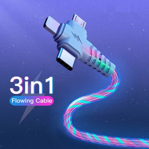 3 in 1 LED Glow Flowing Charging Cable USB Type C Luminous Lighting Fast Charger Micro USB Wire Compatible with iPhone Android Phone Lighting USB Cable