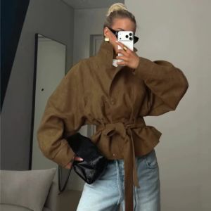 Retro Solid Color 2026 Autumn and Winter New Korean Long-sleeved Short Thin Trench Coat Womens Single-breasted Lace-up Jacket