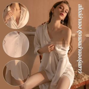 ชุดนอนผ้าซาตินเซ็กซี่ทรงหลวมไซส์ใหญ่ เสื้อเชิ้ตสีพื้น Pure Desire Seduction ชุดนอนใส่อยู่บ้าน