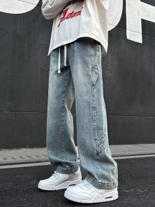 Loose Fit Workwear Style American High Street Vibe Patchwork Wide Leg Jeans for Men Autumn Season Elastic Waist Design Sensation