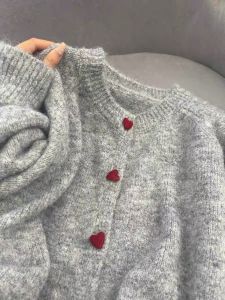 Gray with Heart Button Sweater Outwear Female 2024 Autumn New Arrival Fancy Loose round Neck Knitted Cardigan Top