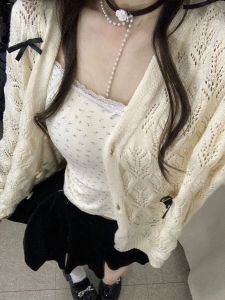 Womens Hollow out Thin Knitted Open Cardigan Casual Loose Outerwear Spring 2024 New Style V-Neck Long Sleeve Solid Color