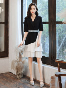 ชุดราตรีสีดำหรูหราสำหรับผู้หญิง ชุดราตรียาวเอวกลาง กระโปรงทรงเอ แขนยาว คอวีลึก ชุดราตรียาวสั้น ชุดทำงานฤดูใบไม้ร่วง/ฤดูหนาว