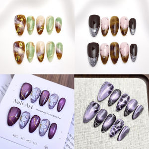 10pcs/bag Purple Flower Cat Eye Silver Chrome Smudge Effect Handmade Press On Nails Almond Detachable False Nails