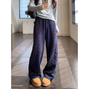 Womens Casual Wide Leg Pants Thickened Fleece Lined Diamond Grid Design High Waist Long Trousers Autumn Winter New Arrival