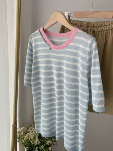 Contrast Color Stripes off-Shoulder Ice Silk Short Sleeve Knitwear Female 2024 Summer New Arrival Niche Style Versatile T-shirt Tide