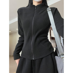 Black Lamb Velvet Yoga Outerwear Womens Autumn Winter New Slim Short Thickened Fleece Sports Top Zipper Closure Warm Windproof