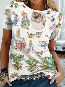 Womens Tee - Whimsical Garden Animal Pattern Graphic Classic Storybook Critter Design for Casual Daily Wear