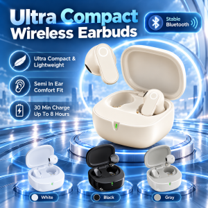 12D Wireless Semi In Ear Earbuds Ultra Compact Lightweight Bluetooth Earphones HiFi Stereo Low Latency Touch Control Noise Reduction Built In Mic Clear Calls Fast Charging 8 Hour Playtime Mini Charging Case Android IOS Compatible
