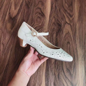 Genuine Leather round Toe Mary Jane Womens Shoes Spring Autumn Soft Bottom Hollow out Design Comfortable Low Heel Rubber Sole