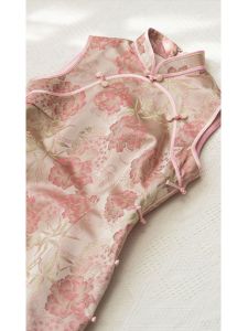 New National Style Chinese Womens Long Sleeveless Pink Flag Robe Dress Button up Stand Collar Summer New Design Daily Wear