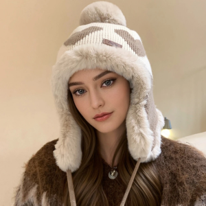 Hot Sale Women Cute Plush Winter Hat Love Print Pompoms Beanie Hats Lovely Ear Protection Cap For Girls