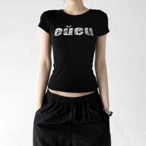 MUYUZI | Black Letter Print Short Sleeve Slim Fit T-Shirt