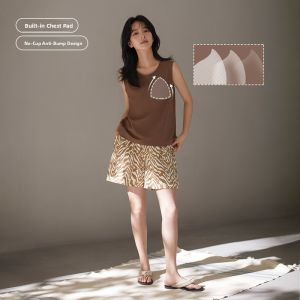 yuenei | Ice Silk Modal Womens Sleepwear With Chest Pad Sleeveless Summer Leisure Home Clothes Outdoor Wearable Short Pants Round Neck