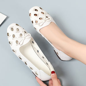 2025 New Summer Hollow out Soft Leather Flat Bottom Womens Shoes Breathable Casual Mom Shoes Comfortable Slip-On round Toe
