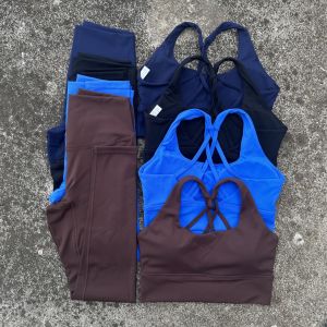 สีทึบผู้หญิงยิมโยคะชุดสายคล้องไหล่ข้ามกลับ Push Up Sport Bra เอวสูงโยคะกางเกงขายาว 2 pc Sportwear ออกกําลังกาย