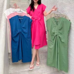 SJM DRESS WANITA KATUN LINEN LENGAN PENDEK KASUAL STYLE PRETTY ELEGANT 357