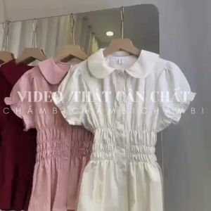 Áo sơ mi nữ A.727 Áo sơ mi cổ sen 1 lớp tay bo cộc tay chun eo 3 hàng phối dây nơ buộc sau - Shop Chấm Bi