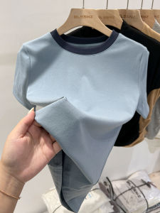 เสื้อยืดคอกลมแขนสั้นทรงสลิมฟิตสำหรับผู้หญิง ฤดูร้อน 2024 เสื้อเชิ้ตคอตตอนผสมโพลีเอสเตอร์แบบลำลองสำหรับใส่ทำงาน