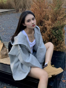 Original American Retro Oversize Hoodie Womens Loose Lazy Style Long Sleeve Cotton Polyester Spandex Zipper Closure Solid Color