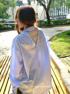 Lazy Back Oversize Shirt Simple Design Loose Cotton Blend Long Sleeve Striped Casual Style Straight Cut Chinese Made Womens Premium Fashion